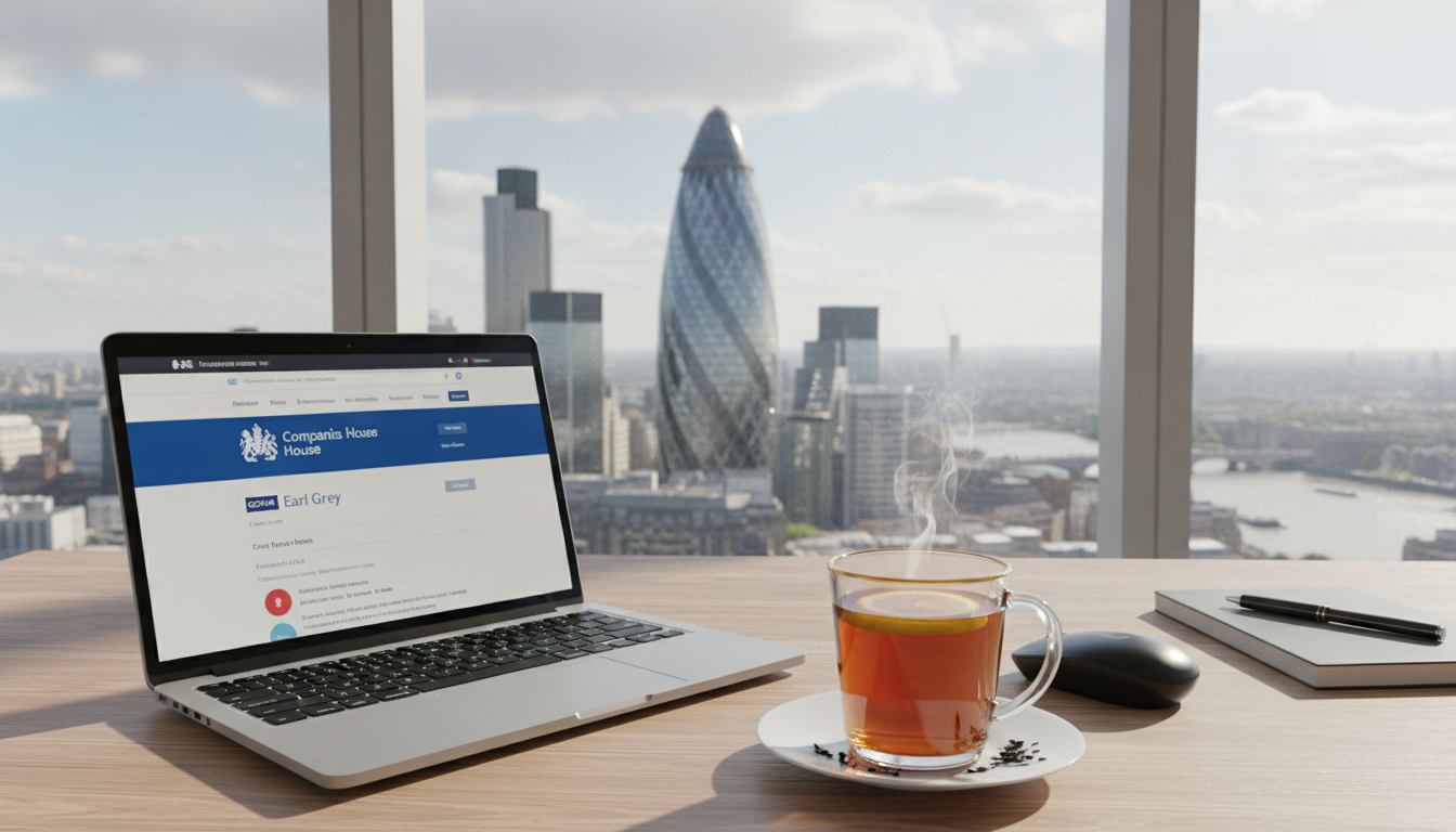 A photorealistic image of a modern desk with a laptop displaying the UK Companies House website, a cup of Earl Grey tea, and a window view of the London skyline with the Gherkin building, bright and professional atmosphere.