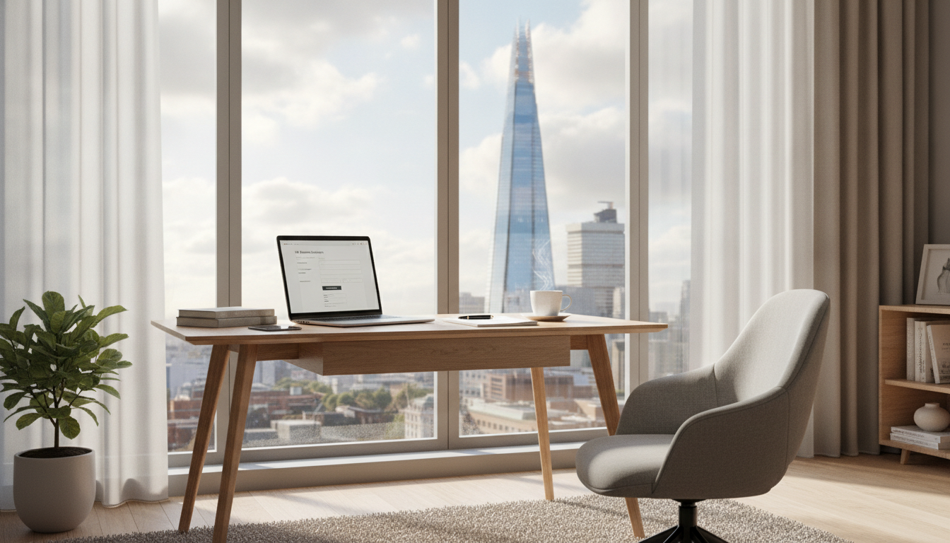 A photorealistic, high-resolution image of a modern, sunlit home office in London with a view of the Shard through the window. On the desk is a sleek laptop showing a business registration website, a cup of tea, and some neatly organized documents. The atmosphere is professional yet cozy and inspiring.