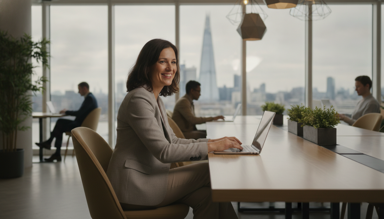 A professional expat entrepreneur sitting in a modern, sunlit co-working space in London with a view of the Shard in the background, working on a laptop and smiling, high-quality photography, cinematic lighting, sharp focus.